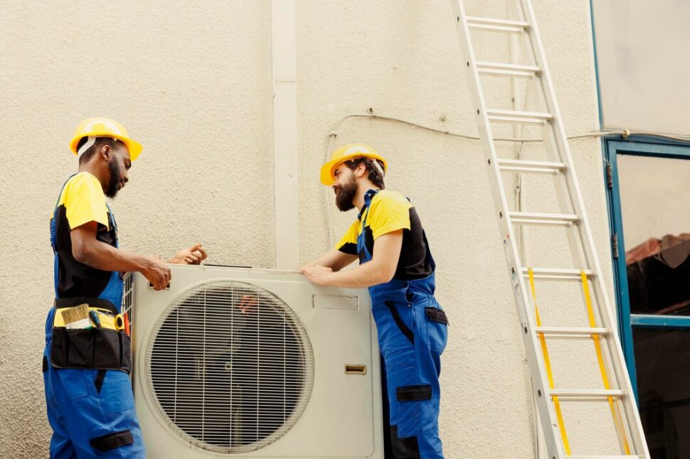 HVAC technicians are working on AC unit