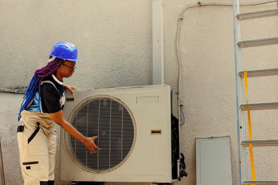 HVAC technicians are working on AC unit