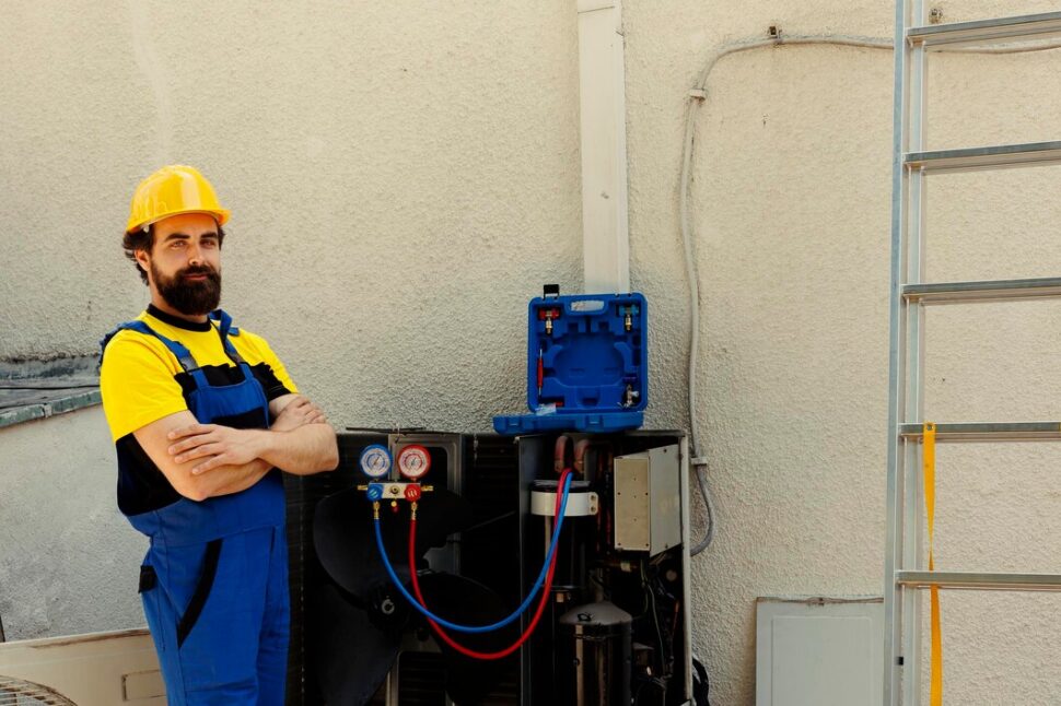 A man with yellow shirt and cap stan in front of air condition