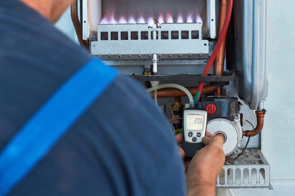 HVAC technician working on furnace unit